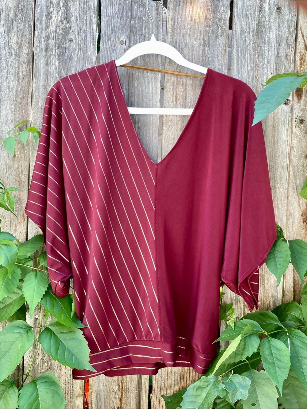 Women's Maroon Striped V-Neck Blouse
